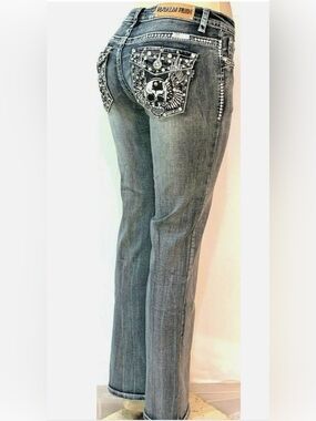 PLATINUM PLUSH LADIES SKULL & WINGS RHINESTONE DENIM BOOT CUT JEANS STYLE #4013